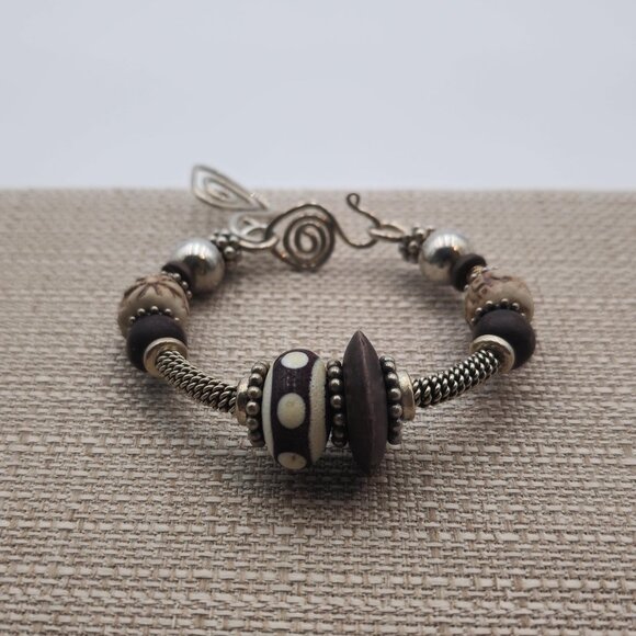 6 Inch Sterling Silver Wood And Stone Handmade Bracelet B337 - Picture 1 of 7
